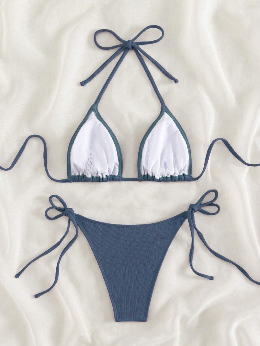 Swim Vcay 2026 Spring/Summer Green Special Fabric Women's Swimwear, Spaghetti Strap Halter Solid Color Sexy Side Tie Thong Bikini Two-Piece Swimwear Teal Bikini Tie Bikini Set Textured Bikini Triangle Bikini Triangle Bikini Set