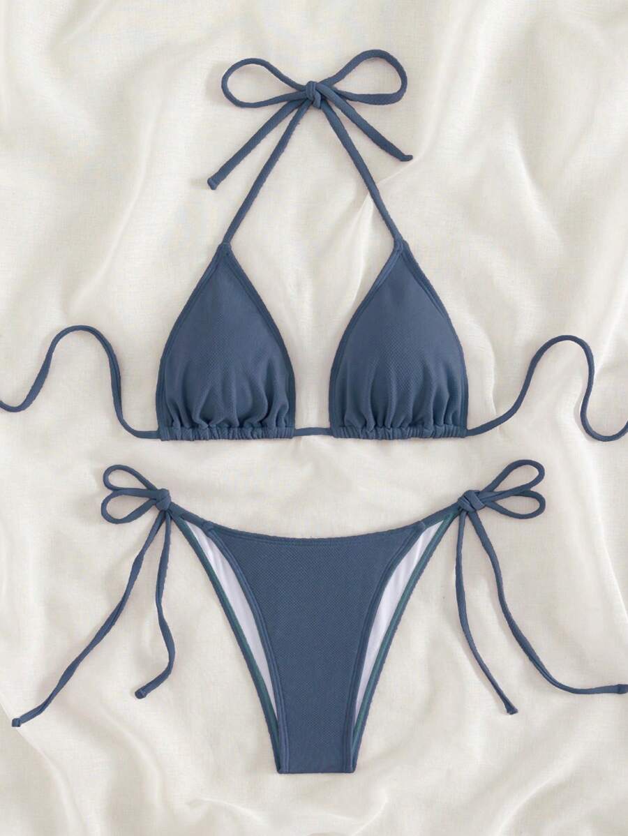 Swim Vcay 2026 Spring/Summer Green Special Fabric Women's Swimwear, Spaghetti Strap Halter Solid Color Sexy Side Tie Thong Bikini Two-Piece Swimwear Teal Bikini Tie Bikini Set Textured Bikini Triangle Bikini Triangle Bikini Set