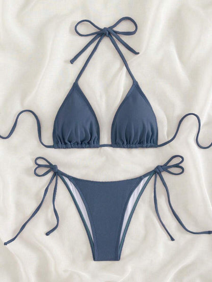 Swim Vcay 2026 Spring/Summer Green Special Fabric Women's Swimwear, Spaghetti Strap Halter Solid Color Sexy Side Tie Thong Bikini Two-Piece Swimwear Teal Bikini Tie Bikini Set Textured Bikini Triangle Bikini Triangle Bikini Set