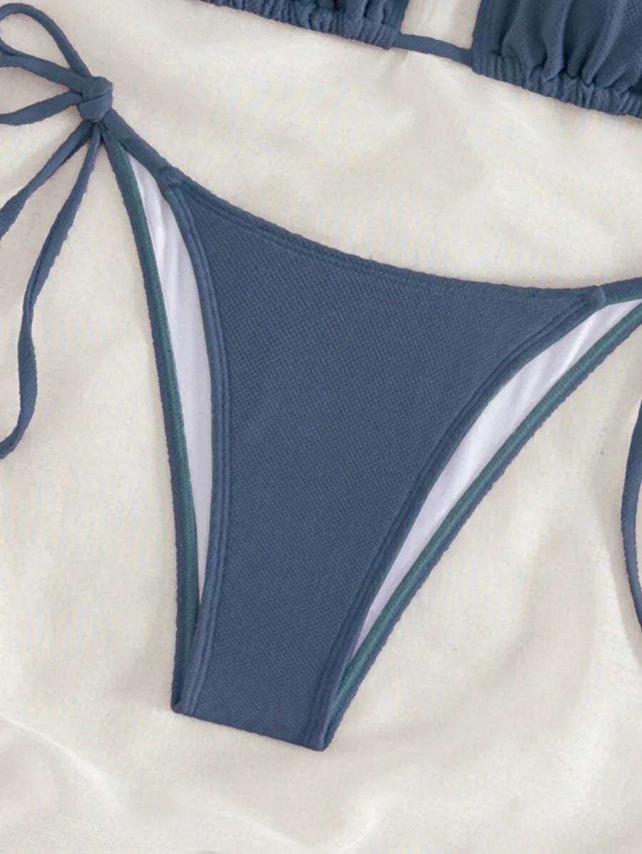 Swim Vcay 2026 Spring/Summer Green Special Fabric Women's Swimwear, Spaghetti Strap Halter Solid Color Sexy Side Tie Thong Bikini Two-Piece Swimwear Teal Bikini Tie Bikini Set Textured Bikini Triangle Bikini Triangle Bikini Set