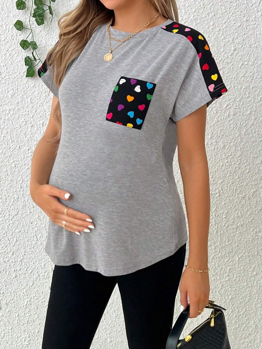 Maternity Heart Printed Patchwork T-Shirt