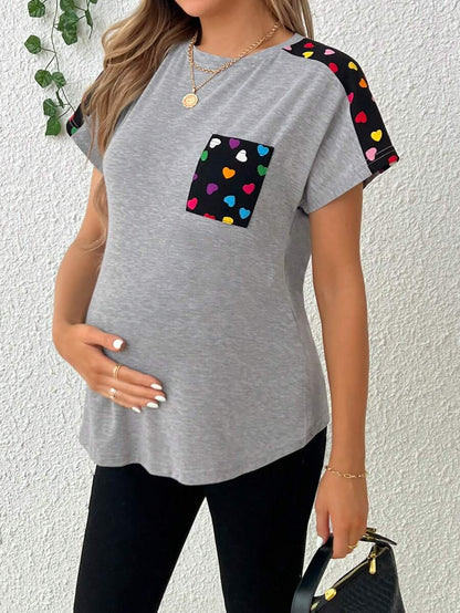 Maternity Heart Printed Patchwork T-Shirt