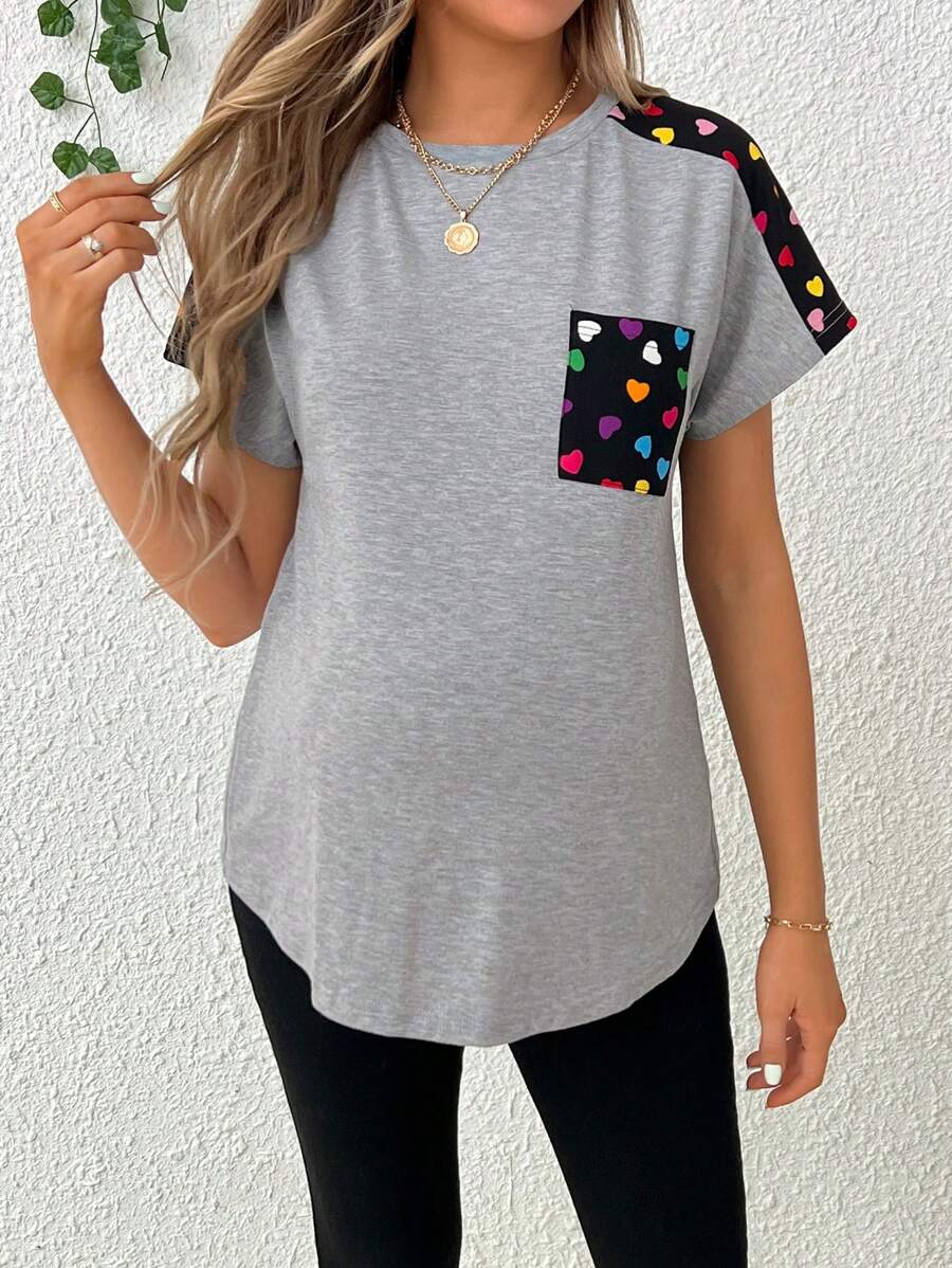 Maternity Heart Printed Patchwork T-Shirt