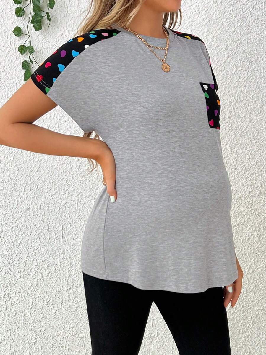 Maternity Heart Printed Patchwork T-Shirt