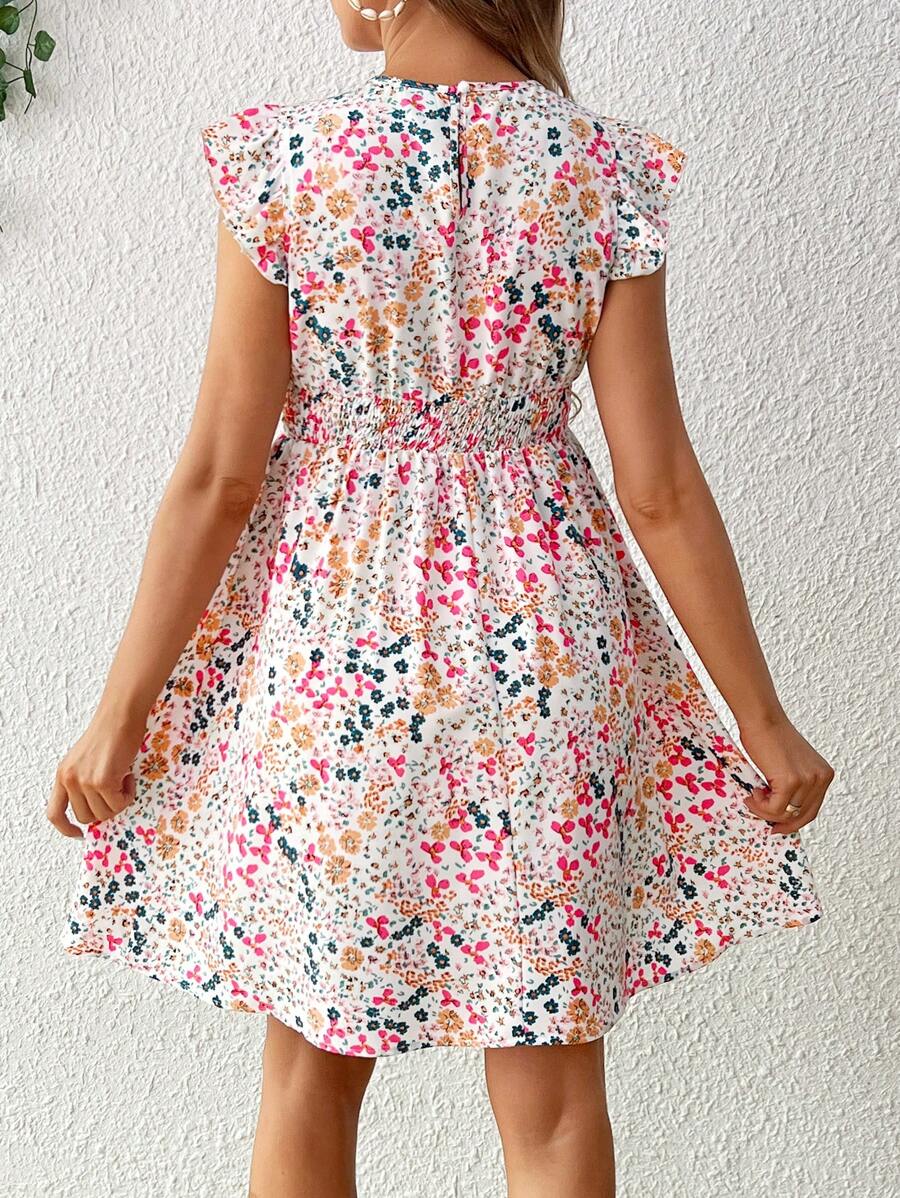 Maternity Colorful Floral Print Boho A-Line Dress with Ruffle Cap Sleeves High Waist Flared Short Summer Vacation Sun Dress
