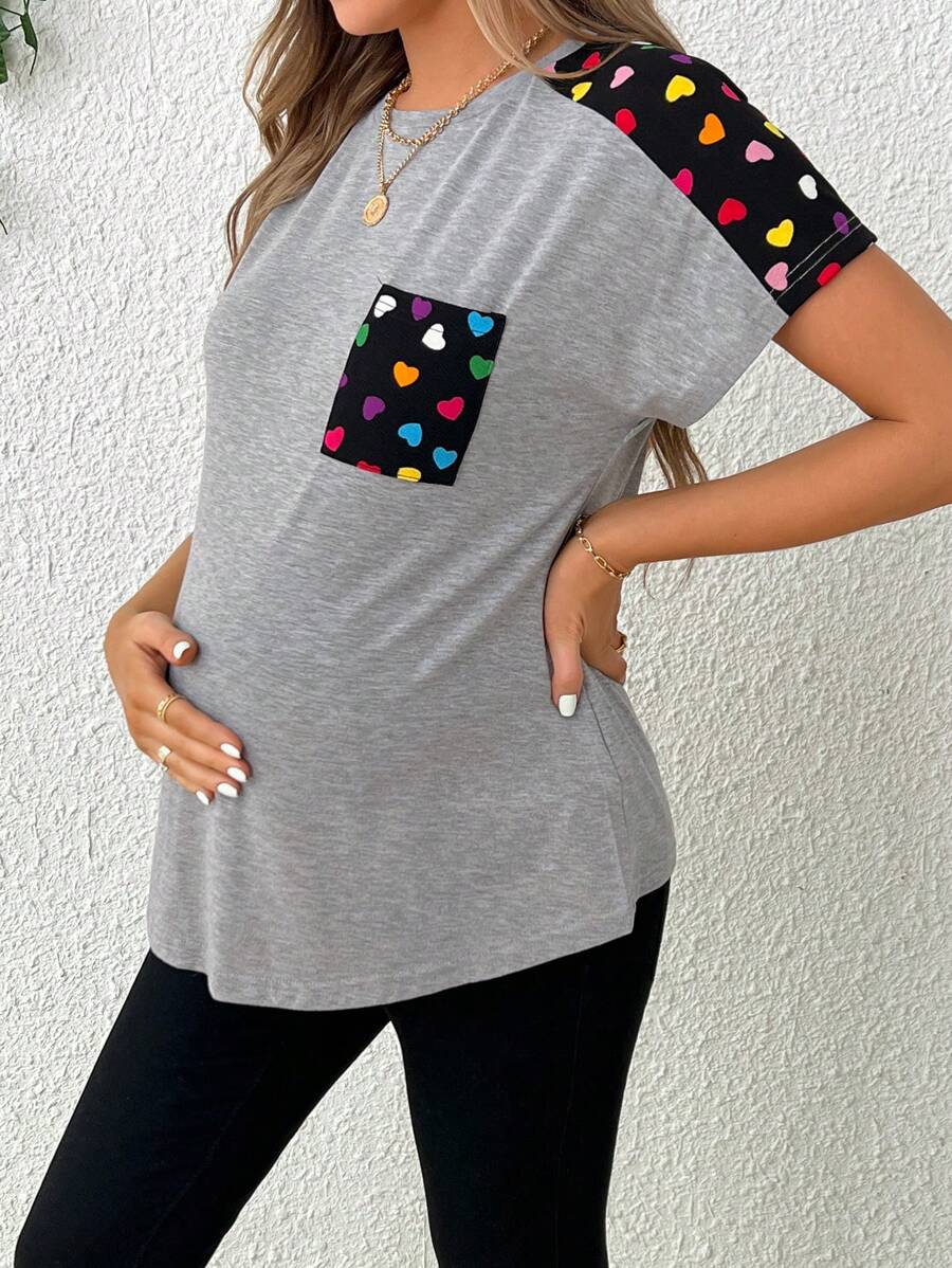 Maternity Heart Printed Patchwork T-Shirt