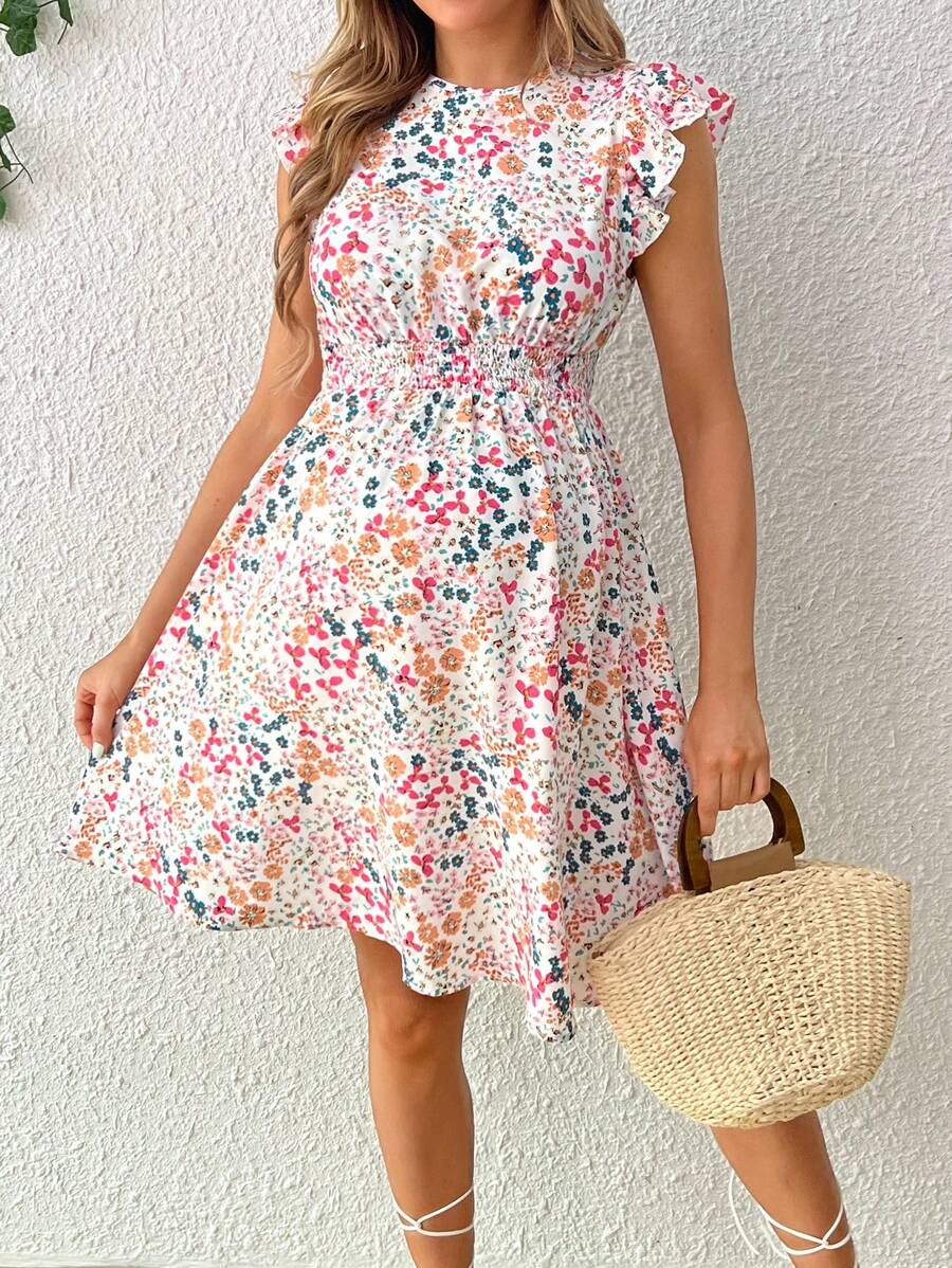 Maternity Colorful Floral Print Boho A-Line Dress with Ruffle Cap Sleeves High Waist Flared Short Summer Vacation Sun Dress