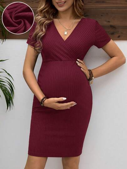 Maternity Short Sleeve V-Neck Wrap Bodycon Dress High Waist Slim Fit Burgundy Mini Pencil Dress for Daily Casual Wear