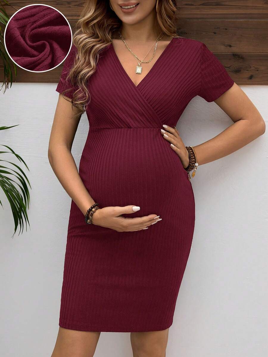 Maternity V Neck Short Sleeve Wrap Bodycon Dress Elegant High Waist Slim Fit Pencil Maternity Dress for Daily Wear