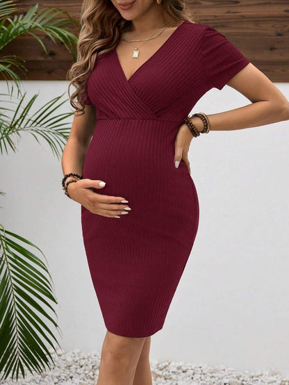 Maternity V Neck Short Sleeve Wrap Bodycon Dress Elegant High Waist Slim Fit Pencil Maternity Dress for Daily Wear