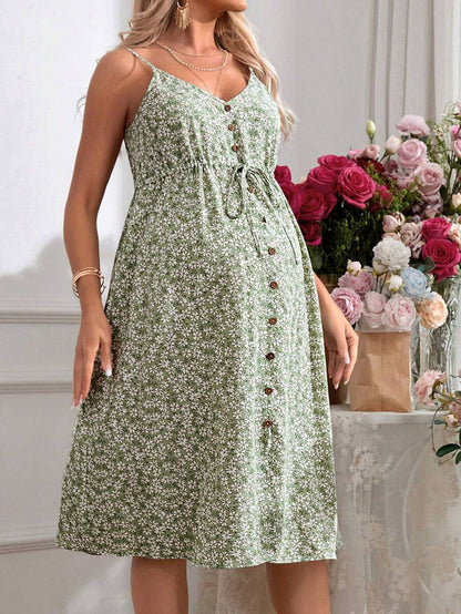 Pink Boho Button Front Cami Dress - Women's Adjustable Spaghetti Strap Cold Shoulder High Waist Flared Knee Length Vacation Dress