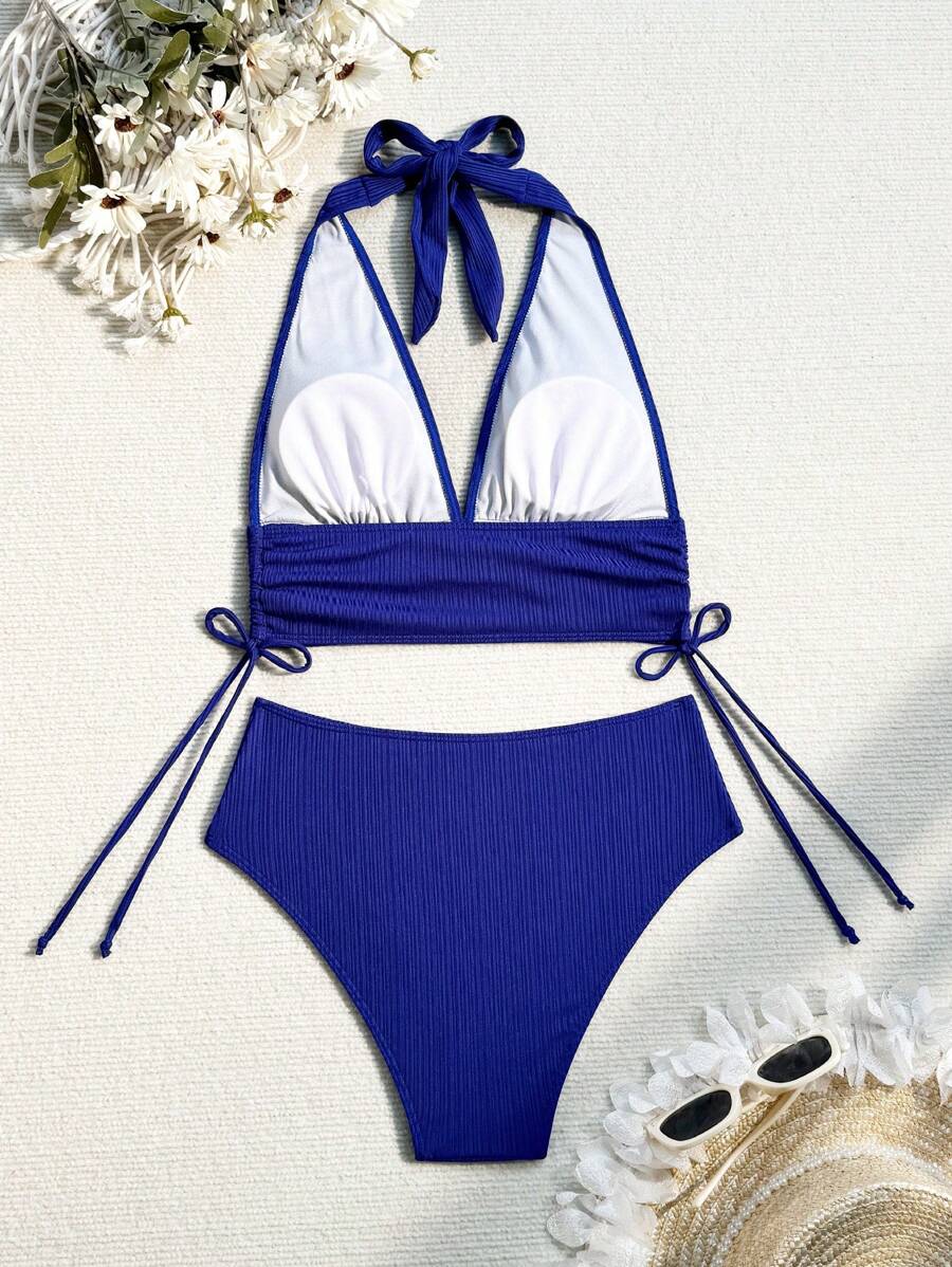Women's Solid Textured Bikini Set - Halter, Backless, High Waist, Black