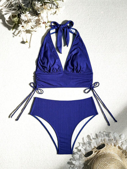 Women's Solid Textured Bikini Set - Halter, Backless, High Waist, Black