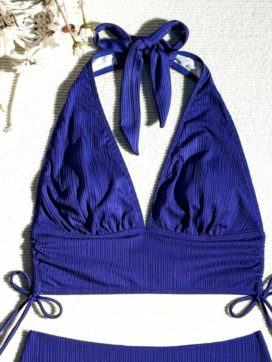 Swim Vcay Bathing Suits Women Women Solid Color Textured Drawstring Halter Top And Swim Bottom Bikini Set Bathing Suit, For Summer, Beach, Honeymoon, Travel, Vacation, Swimming Pool Summer Beach