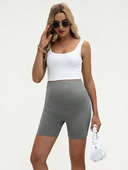 Maternity Solid Biker Shorts - High Waist Comfortable Pregnancy Fit