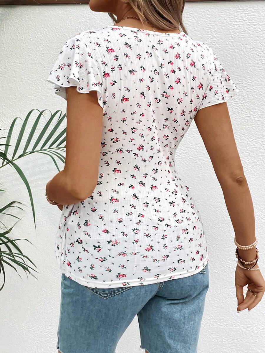 Maternity & Nursing Floral V-Neck Top - Flutter Sleeve Shirred Waist T-Shirt with Knot Detail for Summer Holiday