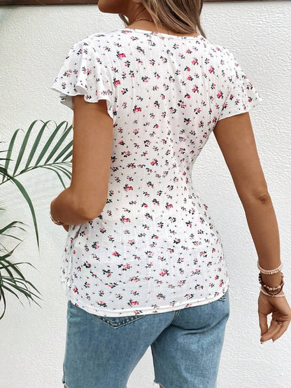 Maternity & Nursing Floral V-Neck Top - Flutter Sleeve Shirred Waist T-Shirt with Knot Detail for Summer Holiday