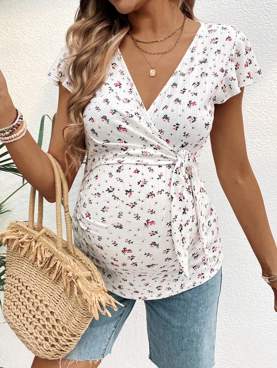 Maternity & Nursing Floral V-Neck Top - Flutter Sleeve Shirred Waist T-Shirt with Knot Detail for Summer Holiday