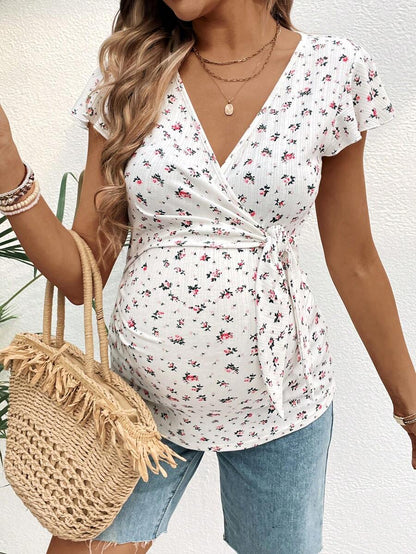 Maternity & Nursing Floral V-Neck Top - Flutter Sleeve Shirred Waist T-Shirt with Knot Detail for Summer Holiday