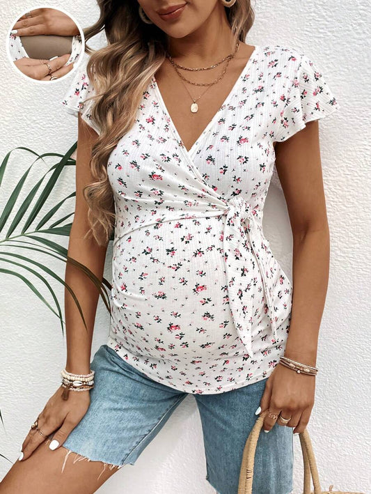 Maternity & Nursing Floral V-Neck Top - Flutter Sleeve Shirred Waist T-Shirt with Knot Detail for Summer Holiday