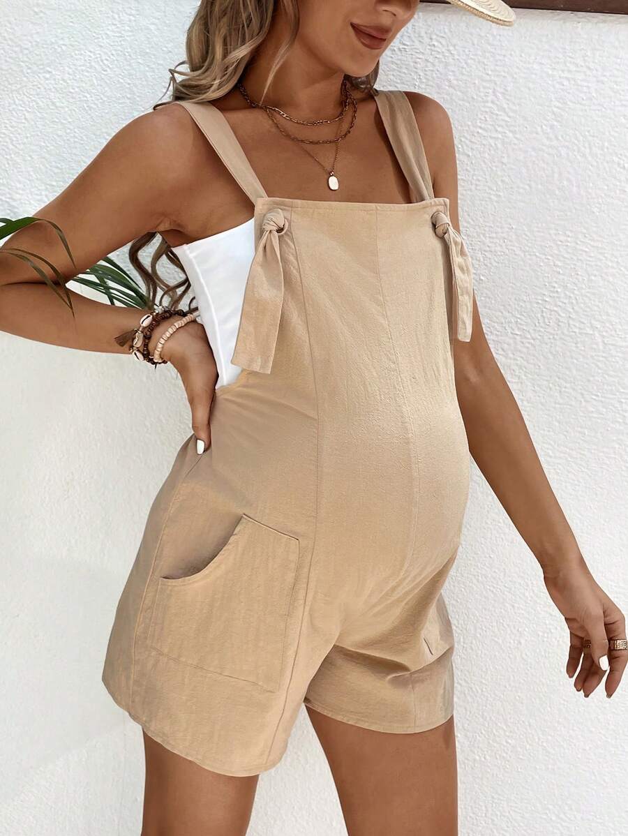 Pink Minimalist Backless Maternity Jumpsuit - 100% Cotton Loose Fit Short Overalls with Pockets - Summer Beach Casual Sleeveless One Piece