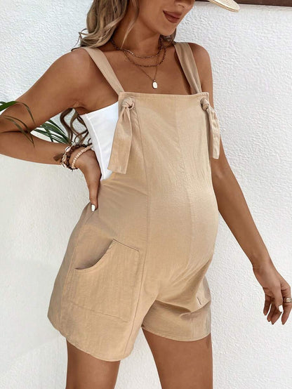 Pink Minimalist Backless Maternity Jumpsuit - 100% Cotton Loose Fit Short Overalls with Pockets - Summer Beach Casual Sleeveless One Piece