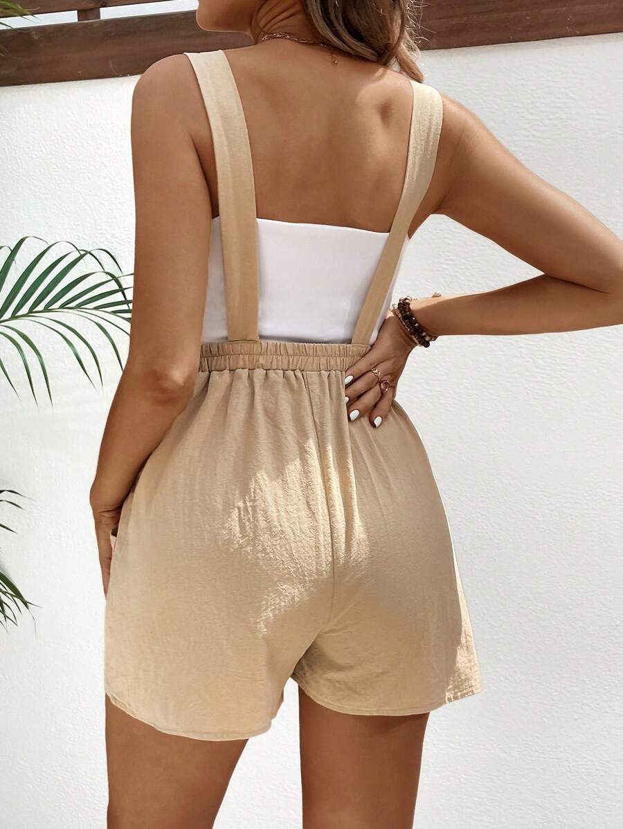 Pink Minimalist Backless Maternity Jumpsuit - 100% Cotton Loose Fit Short Overalls with Pockets - Summer Beach Casual Sleeveless One Piece