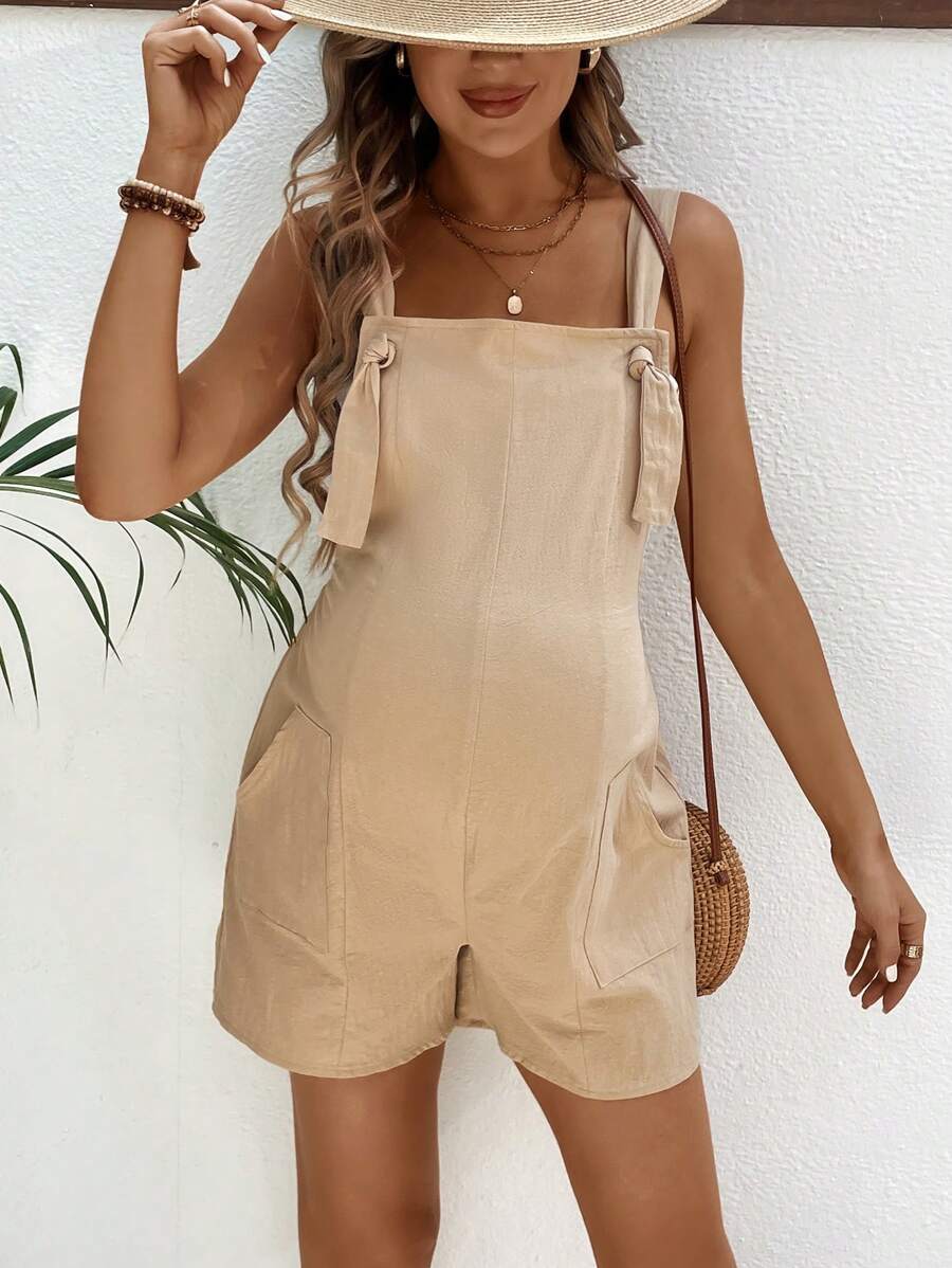 Pink Minimalist Backless Maternity Jumpsuit - 100% Cotton Loose Fit Short Overalls with Pockets - Summer Beach Casual Sleeveless One Piece
