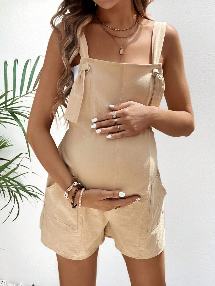 Pink Minimalist Backless Maternity Jumpsuit - 100% Cotton Loose Fit Short Overalls with Pockets - Summer Beach Casual Sleeveless One Piece