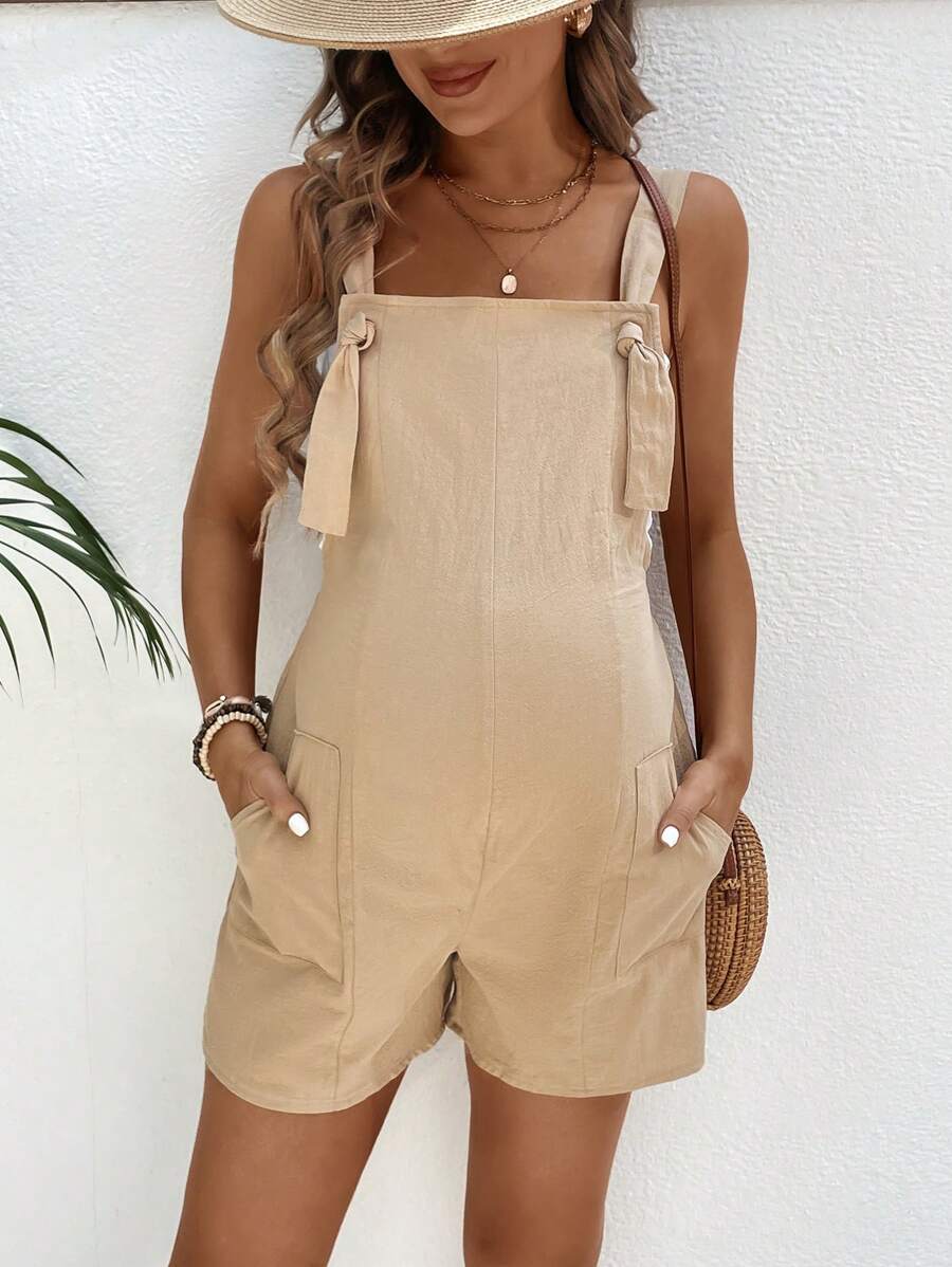 Pink Minimalist Backless Maternity Jumpsuit - 100% Cotton Loose Fit Short Overalls with Pockets - Summer Beach Casual Sleeveless One Piece