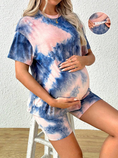 Maternity Summer Two Piece Lounge Set Brown Mama Print Loose Tee and Adjustable Elastic Cycling Shorts Casual Holiday Outfit