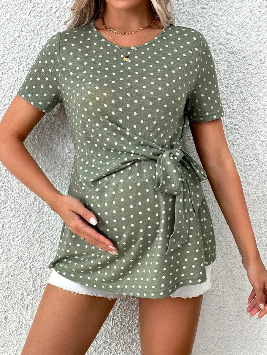 Maternity Dot Knot Front T-Shirt Asymmetrical Short Sleeve Green Top for Daily Wear and Casual Summer Style