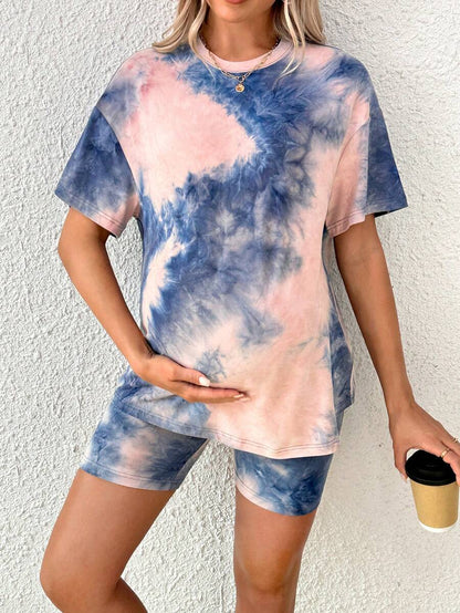 Maternity Summer Two Piece Lounge Set Brown Mama Print Loose Tee and Adjustable Elastic Cycling Shorts Casual Holiday Outfit