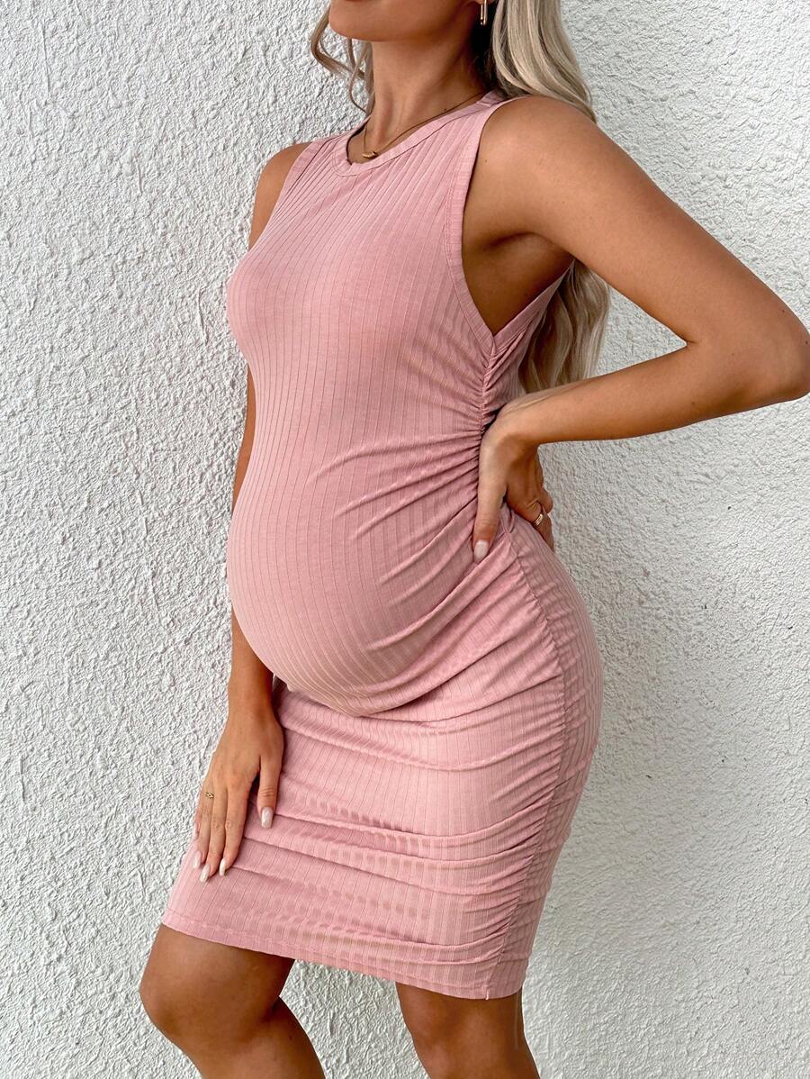 Maternity Active Sleeveless Bodycon Mini Dress Casual Round Neck Ruched Tank Dress for Daily Wear
