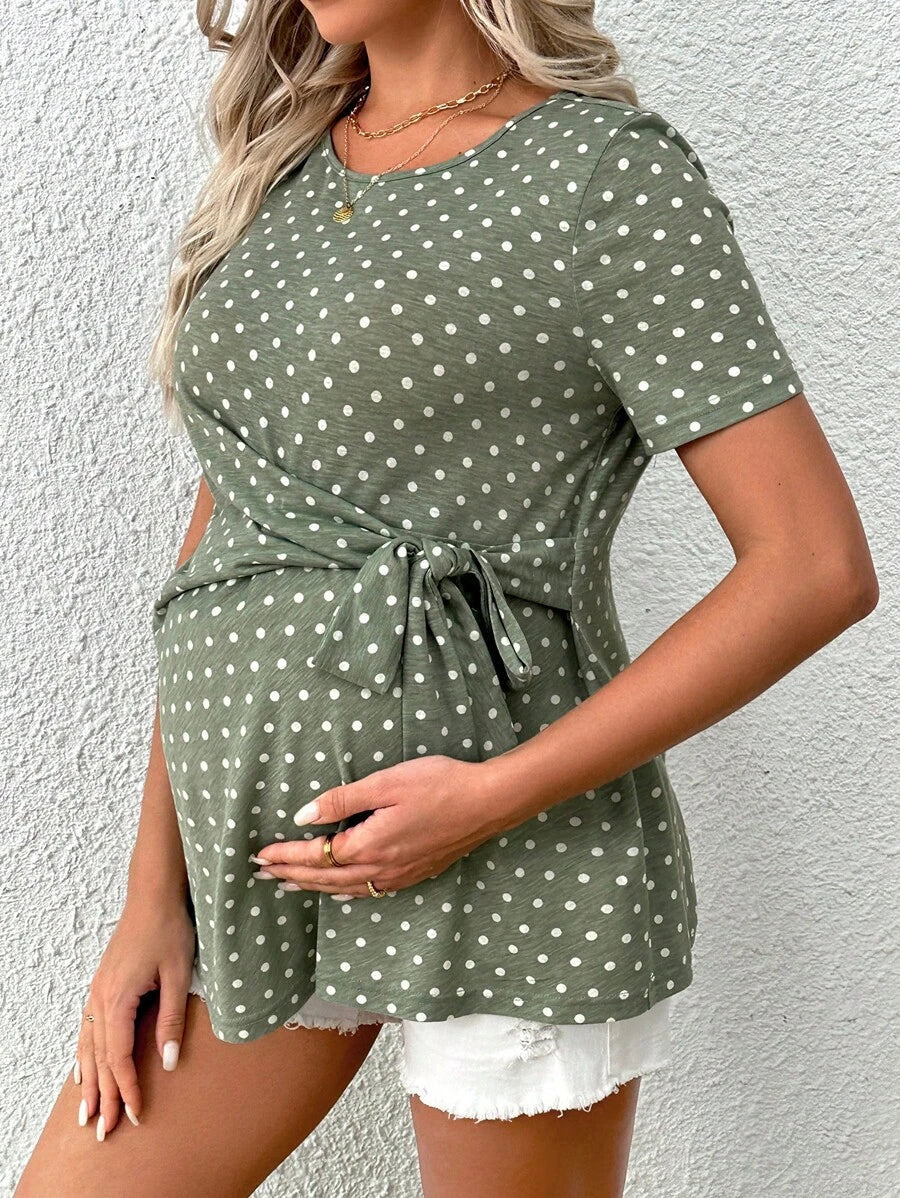 Maternity Dot Knot Front T-Shirt Asymmetrical Short Sleeve Green Top for Daily Wear and Casual Summer Style