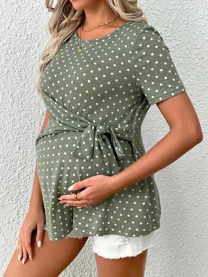 Maternity Dot Knot Front T-Shirt Asymmetrical Short Sleeve Green Top for Daily Wear and Casual Summer Style