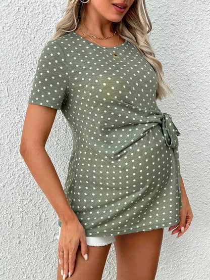 Maternity Dot Knot Front T-Shirt Asymmetrical Short Sleeve Green Top for Daily Wear and Casual Summer Style