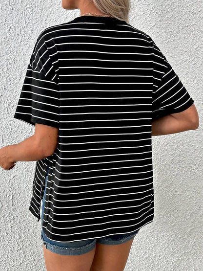 Maternity Striped Round Neck Casual Loose T-Shirt with Side Slits Trendy Drop Shoulder Short Sleeve Maternity Top for Summer
