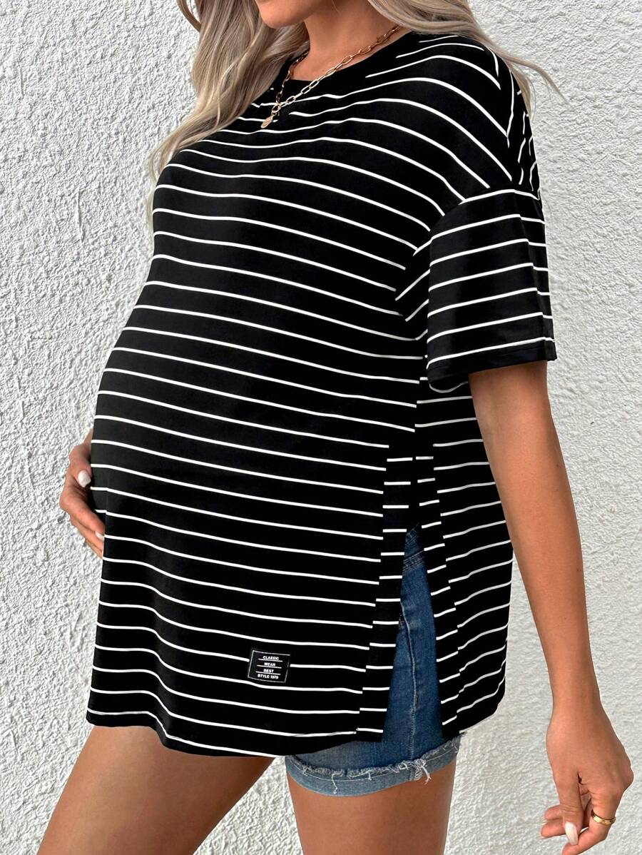Maternity Striped Round Neck Casual Loose T-Shirt with Side Slits Trendy Drop Shoulder Short Sleeve Maternity Top for Summer
