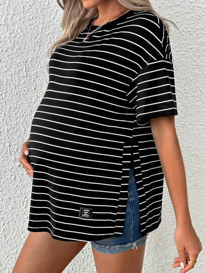 Maternity Striped Round Neck Casual Loose T-Shirt with Side Slits Trendy Drop Shoulder Short Sleeve Maternity Top for Summer