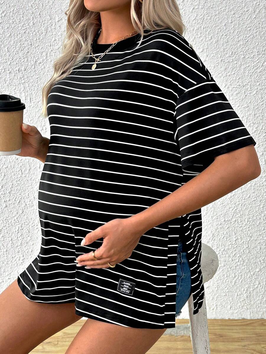 Maternity Striped Round Neck Casual Loose T-Shirt with Side Slits Trendy Drop Shoulder Short Sleeve Maternity Top for Summer