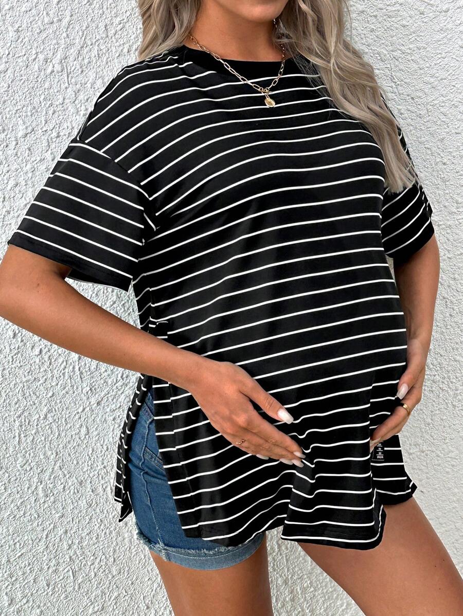 Maternity Striped Round Neck Casual Loose T-Shirt with Side Slits Trendy Drop Shoulder Short Sleeve Maternity Top for Summer