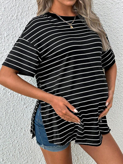 Maternity Striped Round Neck Casual Loose T-Shirt with Side Slits Trendy Drop Shoulder Short Sleeve Maternity Top for Summer