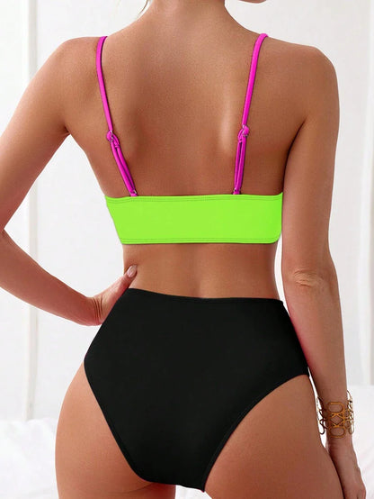 Women's 2-Piece Color-Block Bikini Set - Spaghetti Strap, Criss Cross, High Waist, Multicolor