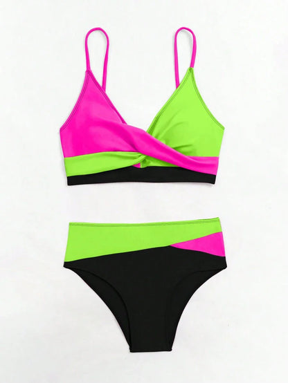 Women's 2-Piece Color-Block Bikini Set - Spaghetti Strap, Criss Cross, High Waist, Multicolor
