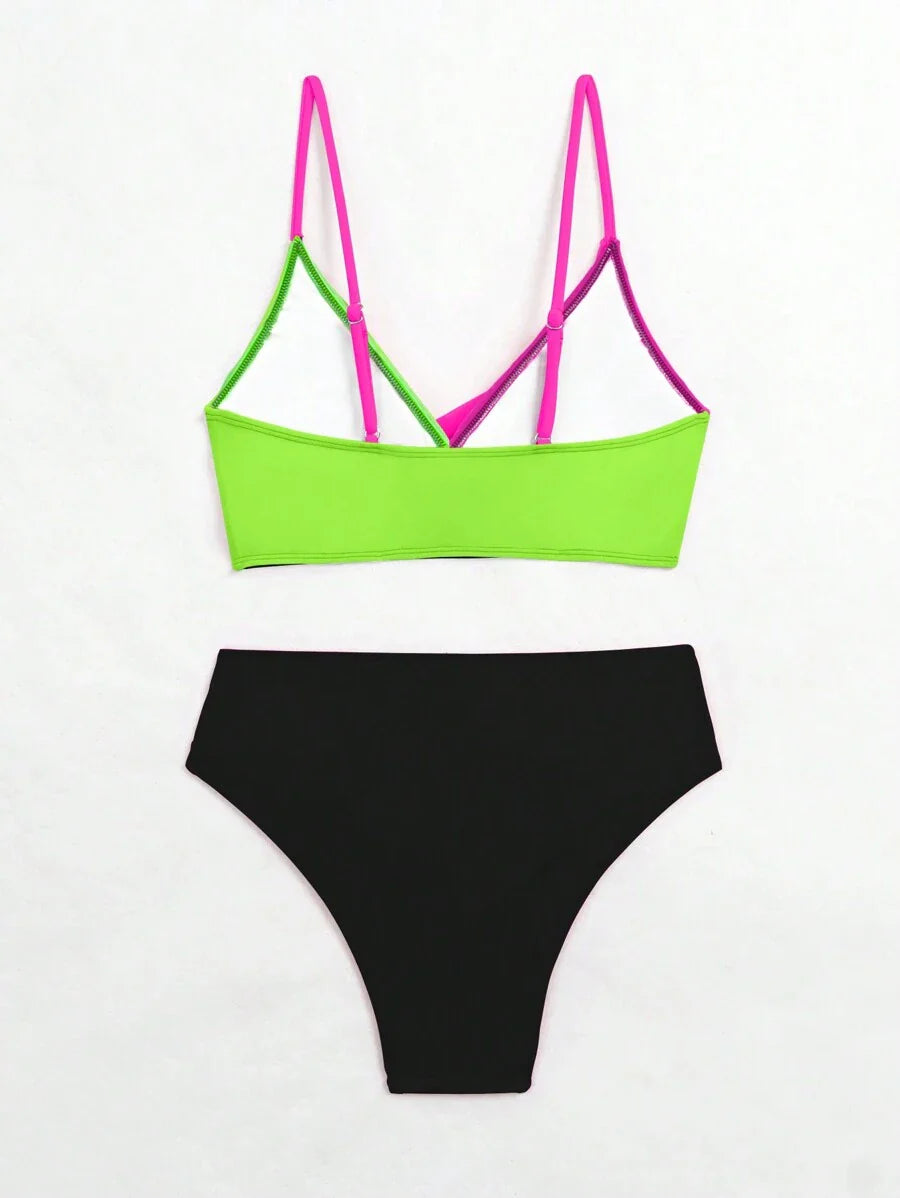 Women's 2-Piece Color-Block Bikini Set - Spaghetti Strap, Criss Cross, High Waist, Multicolor