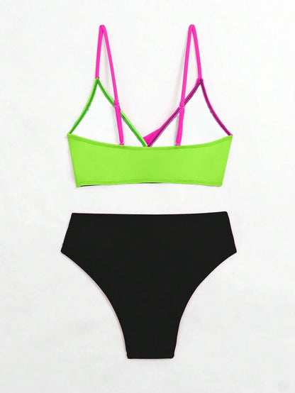 Women's 2-Piece Color-Block Bikini Set - Spaghetti Strap, Criss Cross, High Waist, Multicolor