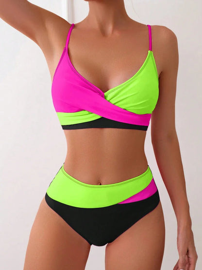 Women's 2-Piece Color-Block Bikini Set - Spaghetti Strap, Criss Cross, High Waist, Multicolor