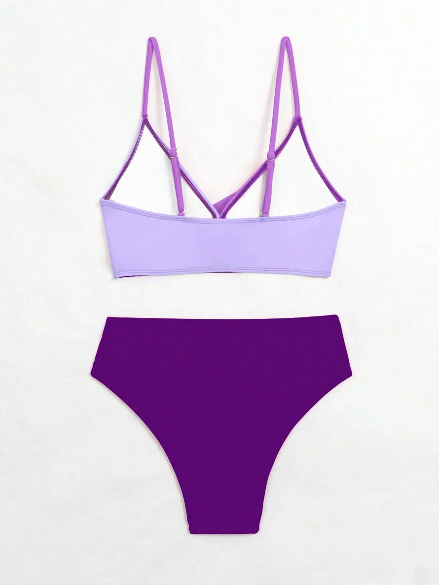Women's 2-Piece Color-Block Bikini Set - Spaghetti Strap, Criss Cross, High Waist, Multicolor