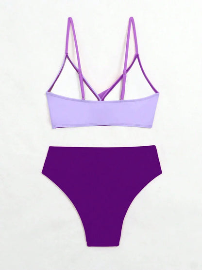 Women's 2-Piece Color-Block Bikini Set - Spaghetti Strap, Criss Cross, High Waist, Multicolor